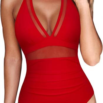 RXRXCOCO Women Sexy V Neck Mesh One Piece Bathing Suit Halter Push Up Tummy Control Swimsuit Swimwear