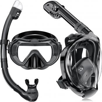 Full Face Snorkel Mask, Snorkeling Gear for Adults Men and Women, 180 Degrees Panoramic View Snorkel Set Anti-Fog Anti-Leak, Dry Top System and Travel Bag for Swimming, Snorkeling, ML/XL