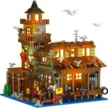 Fishing Village Store House Building Set with LED Light, 1845PCS Wood Cabin Mini Building Block Architecture Kit for Adults Boys Girls Ages 8+