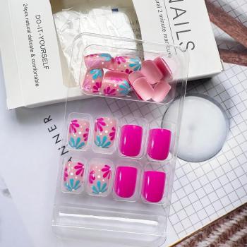 24Pcs Flower Press on Nails Short Square Fake Nails Blue Pink Stick on Nails Full Cover Flowers False Nail Tips Acrylic Spring Summer Glue on Nails Cute Floral Nail Art Decorations for Women