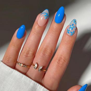 Blue Flowers Press on Nails Medium Almond Fake Nails French Tip Full Cover Glue on Nails Blue Pink Glossy Designs Cute Spring Summer False Nails Stick on Nails for Women Girls Nail Decorations