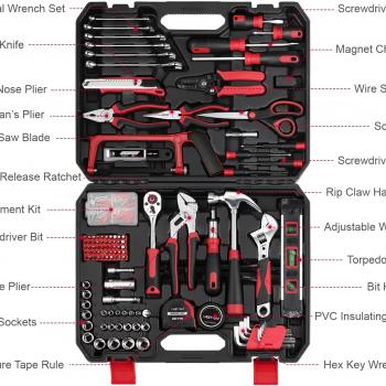 Eastvolt 218-Piece Household Tool Kit, Auto Repair Tool Set, Tool Kits for Homeowner, Plier, Screwdriver Set, Socket Kit and Toolbox Storage Case,Black + Red