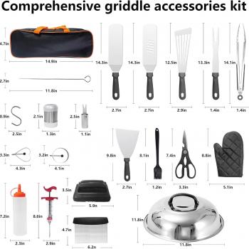 Flat Top Grill Accessories Set for Blackstone Griddle Accessories Kit, 45Pack Heavy Duty Stainless Steel Grilling Set with Enlarged Spatulas, Basting Cover, Scraper for Outdoor BBQ (Grill Set-A)