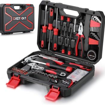 Eastvolt 128-Piece Home Repair Tool Set, Tool Sets for Homeowners, General Household Hand Tool Set with Storage Toolbox, EVHT12801, Black + Red (ASK01)