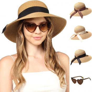 Funcredible Straw Fedora Hat for Women - Wide Brim Summer Hat - Panama Hats with Bows and Heart Shape Glasses - UPF 50+