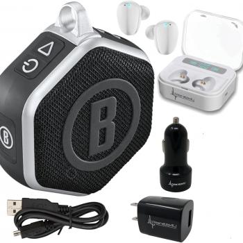 Bushnell Wingman Mini Black/Silver GPS Bluetooth Speaker with Wearable4U Ultimate White Earbuds and Wall/Car Chargers Bundle