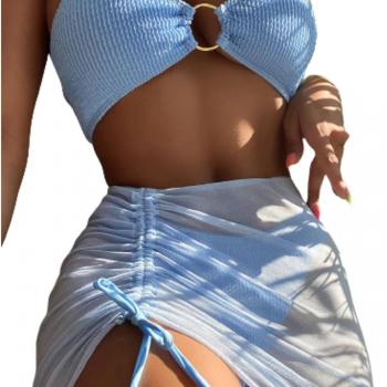 MakeMeChic Women's 3 Piece Bathing Suits Halter Ring Bikini Set with Cover Up Skirt