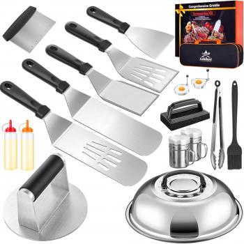 Griddle Accessories for Blackstone with Burger Press,18Pcs Grill Accessories,Enlarged Grill Spatula,Scraper,Basting Cover,Griddle Accessories kit for Hibachi,with Burger Smasher,Grill Black Tools Set