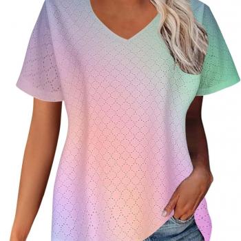 Women's Short Sleeve T Shirts Hollow Out Eyelet Gradient Basic V Neck Loose Fit Summer Blouse 2024 Dressy Casual Tunic Tops