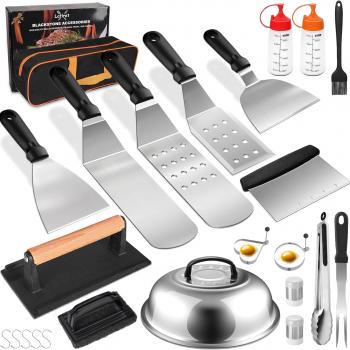 Blackstone Griddle Accessories Kit, 24Pcs Grilling Accessories Set for Blackstone and Camp Chef, Flat Top Griddle Accessories Set with Scraper, Enlarged Spatulas, Basting Cover for BBQ