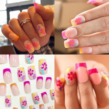 24PCS Flower Press on Nails Short Square Pink Fake Nails Spring Summer Colorful Daisy Designs Full Cover Rose Red French Tip False Nail Acrylic Nails Glue on Nails for Women Girls Nail Decorations