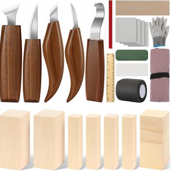 AUGSUN Wood Whittling Kit, 25 Pack Wood Carving Tools for Beginners, Hand Carving Knife Set Includes 5 Wood Carving Knives, 8 Basswood Wood Blocks, Gloves for Craft DIY Woodworking