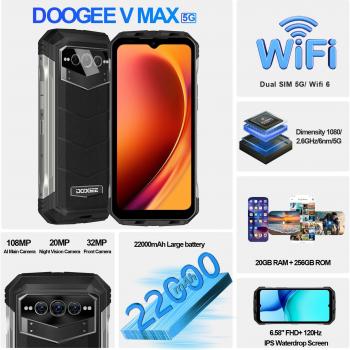 DOOGEE V MAX 5G Rugged Smartphone, 22000mAh Battery 20(12+8) GB+256GB 120Hz 6.6" FHD+ Display Rugged Phones Unlocked,108MP Main Camera Rugged Cell Phone, Dual Hi-res Speakers,Night Vision,NFC/OTG