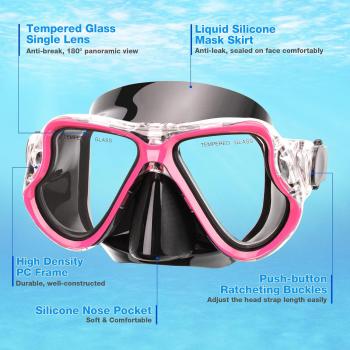 Snorkeling Gear for Adults Kids, Dry Snorkeling Set, Panoramic Anti-Leak and Anti-Fog Tempered Glass Lens, Adjustable Strap Snorkel Set with Mesh Bag Ear Plug for Snorkeling Scuba Diving Travel