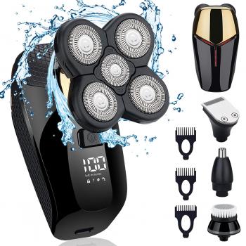 4 in1 Electric Head Shaver Bald Shaver Set Wet Dry Cordless Shaver for Men with Clippers Nose & Ear Trimmer Facial Cleansing Rechargeable Razors IPX6 Waterproof