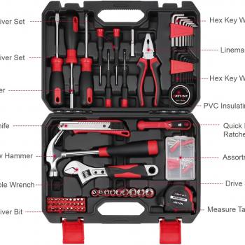 Eastvolt 128-Piece Home Repair Tool Set, Tool Sets for Homeowners, General Household Hand Tool Set with Storage Toolbox, EVHT12801, Black + Red (ASK01)