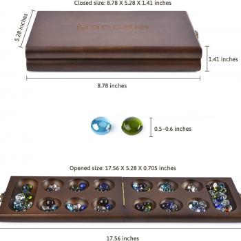 AMEROUS Wooden Mancala Board Game Set with 72+8 Bonus Multi Color Glass Stones - Folding Board - Mancala Instructions, Classic Family Board Game for Kids Adults, Tabletop Version