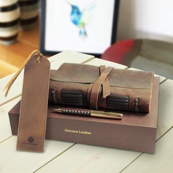 Leather Journal Gift Set with Antique Leather Bookmark + Pen, Handmade Writing Notebook 7x5 Inches Unlined Leather Bound Daily Notepad for Men for Women, Luxury Gift Box Diary for All Ages