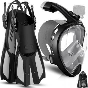 Odoland Snorkeling Packages for Adults & Youth, Full Face Snorkel Mask with Camera Mount, Adjustable Swim Fins, Mesh Bag, Anti-Fog Anti-Leak Scuba Diving Gear for Men & Women