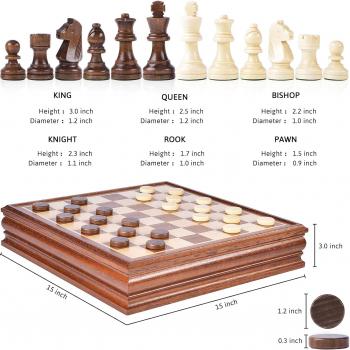 Chess and Checkers Board Game Sets for Adults Wooden Deluxe 15 inch Wood Board Box with Storage, Classic 2 in 1 Large Size with Chess Pieces - 3” King Height - 2 Extra Queens