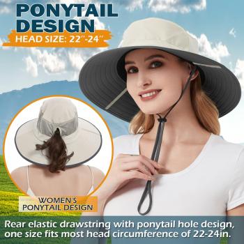 EINSKEY Women's Ponytail Sun Hat, Packable Wide Brim Large Head Bucket Hat for Fishing Hiking Gardening Safari Beach Pool