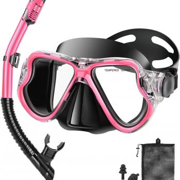 Snorkeling Gear for Adults Kids, Dry Snorkeling Set, Panoramic Anti-Leak and Anti-Fog Tempered Glass Lens, Adjustable Strap Snorkel Set with Mesh Bag Ear Plug for Snorkeling Scuba Diving Travel