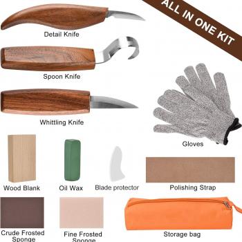 Wood Carving Tools, 13 in 1 Wood Carving Kit with Carving Hook Knife, Wood Whittling Knife, Chip Carving Knife, Gloves, Carving Knife Sharpener for Spoon, Bowl, Kuksa Cup, Beginners Woodworking