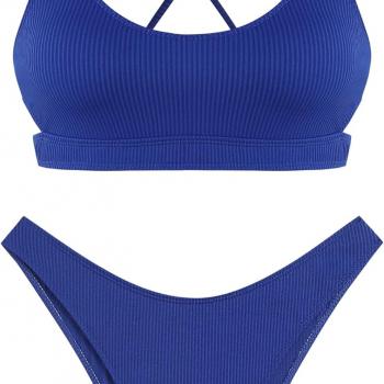 ZAFUL Women's Cutout Bikini Sets Scoop Neck Back Criss Cross Tie Ribbed High Cut Bikini Swimsuit Two Piece Bathing Suits