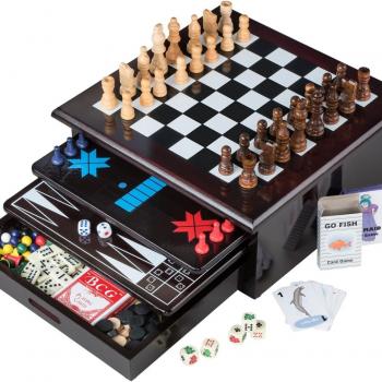 Board Game Set - Deluxe 15 in 1 Tabletop Wood-accented Game Center with Storage Drawer (Checkers, Chess, Chinese Checkers, Parcheesi, TicTacToe, SOlitaire, Snakes and Ladders, Mancala, Backgammon, Poker Dice, Playing Cards, Go Fish, Old Maid, and Dominos)