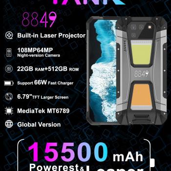 8849 Tank 2, 4G Unlocked Rugged Smartphone with Laser Projector, IP68 Waterproof Outdoor Smartphone with 22GB+512GB, FHD 6.79" ,15500mAh Battery, 108MP Camera, Andriod 13, 66W Fast Charger, OTG/NFC