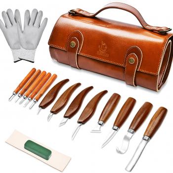 Deluxe Wood Carving Tools-Wood Carving Kit-Wood Carving Knife Set-Wood Whittling Kit for Beginners-Whittling Knife-Wood Carving Tool Set with Genuine Leather Storage Bag