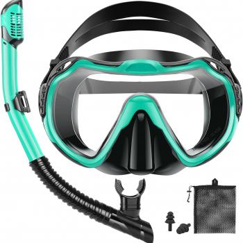 Snorkeling Gear for Adults, Dry Snorkel Set, Panoramic Anti-Leak and Anti-Fog Tempered Glass Lens, Adjustable Snorkeling Gear with Mesh Bag Ear Plug for Snorkeling Scuba Diving Travel