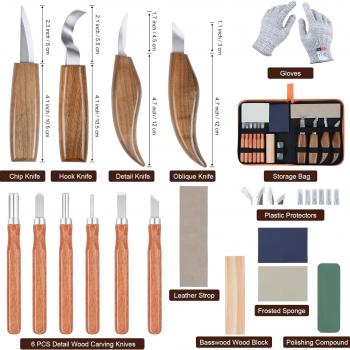 Ninonly 17Pcs Wood Carving Tools, Wood Carving Kit for Beginner, Wood Whittling Kit with 6Pcs Carbon Steel Wood Carving Knife, Gloves Wood Carving Set Knife Sharpener for Spoon Bowl Kuksa Cup