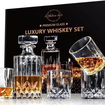 LIGHTEN LIFE Whiskey Decanter Set for Men,Crystal Whiskey Glasses and Decanter Set in Gift Box,Decanter Set with 4 Glasses,Non-Lead Bourbon Decanter Set,Whiskey Glass Decanter Set for Dad Husband