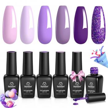 Beetles Purple Gel Nail Polish Set, 6 Colors Gel Polish Purple Glitter Summer Pastel Pink Nail Polish Soak Off U v LED Gel Nail Kit Diy Nail Art Manicure at Home Gift for Women, 2024 New Trend