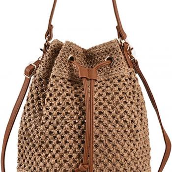 Straw Bucket Bag for Women, Summer Woven Beach Bag Drawstring Hobo Bucket Purses Handbag for Vacation