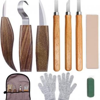 10Pcs Wood Carving Knife Set Beginner Kit, Convenient Tools Set Cut Resistant Gloves Spoon Carving Hook Knife, Wood Carving Whittling Knife, Chip Carving Detail Knife Sandpaper for Woodworking