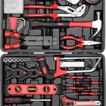 TLGREEN 218 Piece Tool Kit, Fathers Day Gifts Tool Set Mechanics Kit, Portable Tool Box Set with Saw Adjustable Wrench Drive Socket Combination Wrench, with Plastic Toolbox, for Home Apartment Garage