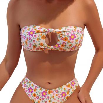 MakeMeChic Women's 2 Piece Bandeau Swimsuit Floral Cut Out Bikini Set Strapless Bathing Suits