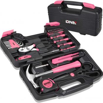 DNA MOTORING 39-Piece Household Tool Set General Repair Small Hand Tool Kit Storage Case for Home Garage Office College Dormitory Use, Pink, TOOLS-00009