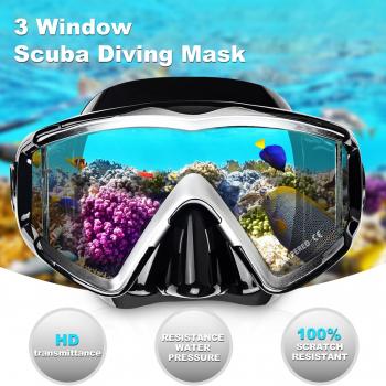 Adult Pano 3 Window Scuba Diving Mask, Tempered Glass Snorkel Mask Anti-Fog Swim Mask No Leakage Swim Goggles with Nose Cover Snorkeling Gear for Snorkeling, Freediving, Swimming