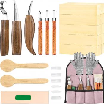 LUBZZOY Wood Carving Kit, Wood Carving Tools Set Includes Whittling Knife & Detail Wood Knife & Basswood Wood Carving Blocks & Wood Spoon,Wood Whittling Kit for Beginners Kids Adults Woodworking DIY