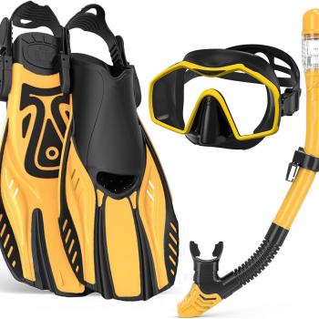 Snorkeling Gear for Adults,Mask Fins Snorkel Set,Panoramic View Diving Mask Anti-Fog,Dry Top Snorkel,Dive Flippers and Travel Bag for Swimming,Snorkeling Diving