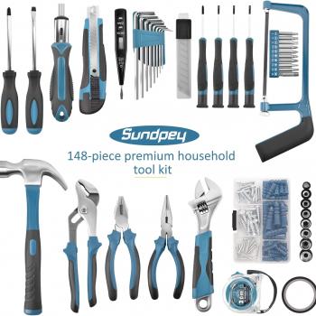 Sundpey Home Tool Kit 148-Pcs - Household Basic Complete Hand Repair portable Tool Set with Case & Ratcheting Screwdriver & Hex Key & Pliers & Wrench & Voltage Tester & Water Pump Plier for Men Women