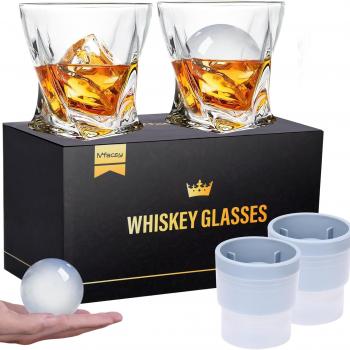 Mfacoy Old Fashioned Whiskey Glasses Set of 4 (2 Crystal Bourbon Glasses, 2 Round Big Ice Ball Molds 11 Oz Rocks Glass with Gift Box, Barware for Scotch Cocktail Rum Vodka Liquor, Gifts for Men