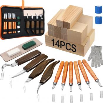 42PCS Wood Carving Kit for Beginners,14 Basswood, Wood Whittling Kits for Beginner and Kids, Wood Carving Tools with Safety Protection. 10pcs Wood Carving Knife with 14pcs Wood Block.