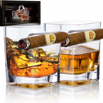 YouYah Cigar Whiskey Glasses with Cigar Holder-Set of 2,Cigar Accessories,Crystal Whisky Glass Set with Indented Cigar Rest,Premium Rocks Glass,for Brandy,Cocktail,Vodka,Bourbon,Gifts for Men(9.5oz)