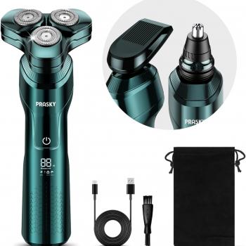 Electric Razor for Men, 3-in-1 Face Shaver, Rotary LED Display, Rechargeable, Floating Head, Replaceable Blades, Portable Travel Beard Trimmer, Hair Clippers Kit, Ideal Gift - Green