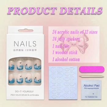 Summer Press on Nails Short Square French Tip Fake Nails Full Cover False Nails with Blue Sea Wave and Birds Designs Glossy False Nails with Nail Glue Artificial Acrylic Nails for Women Girls 24 Pcs