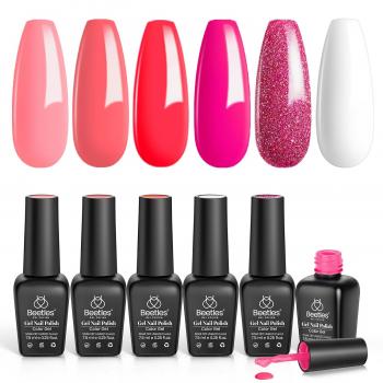 Beetles Gel Nail Polish Set - 6 Colors Hot Pink Rose Red Summer Nail Gel Polish Kit White Gel Nail Polish Collection Pink Glitter Gifts for Women Soak Off Uv Nail Lamp Manicure Kit